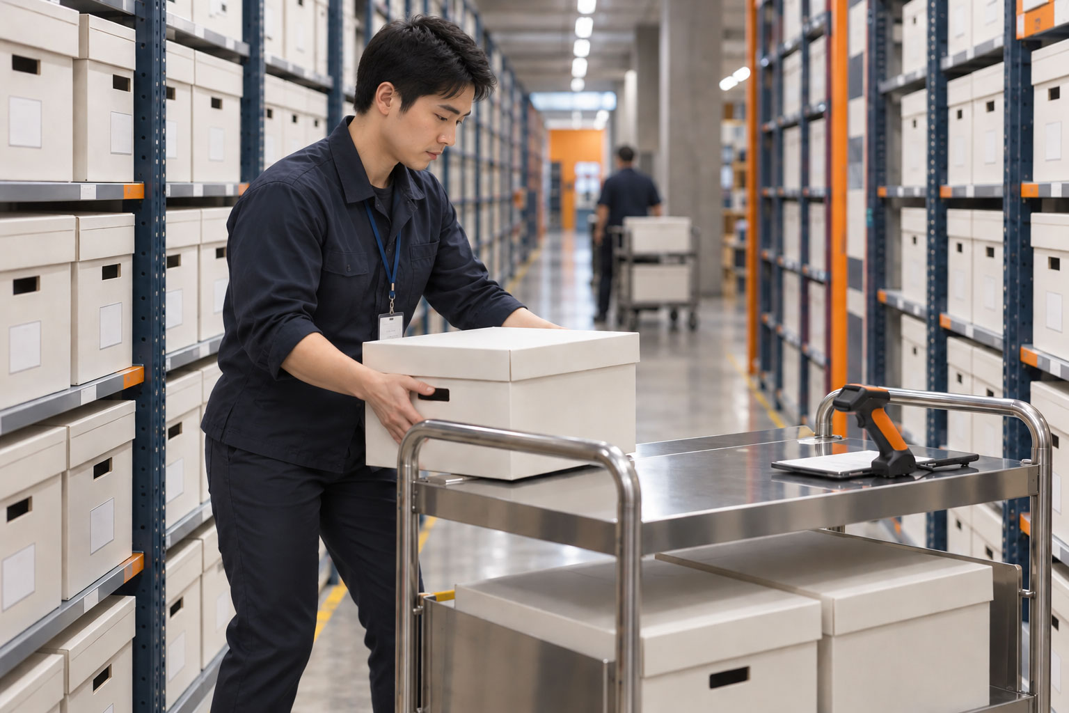 Archive specialist placing a records box on a retrieval cart inside a document storage warehouse