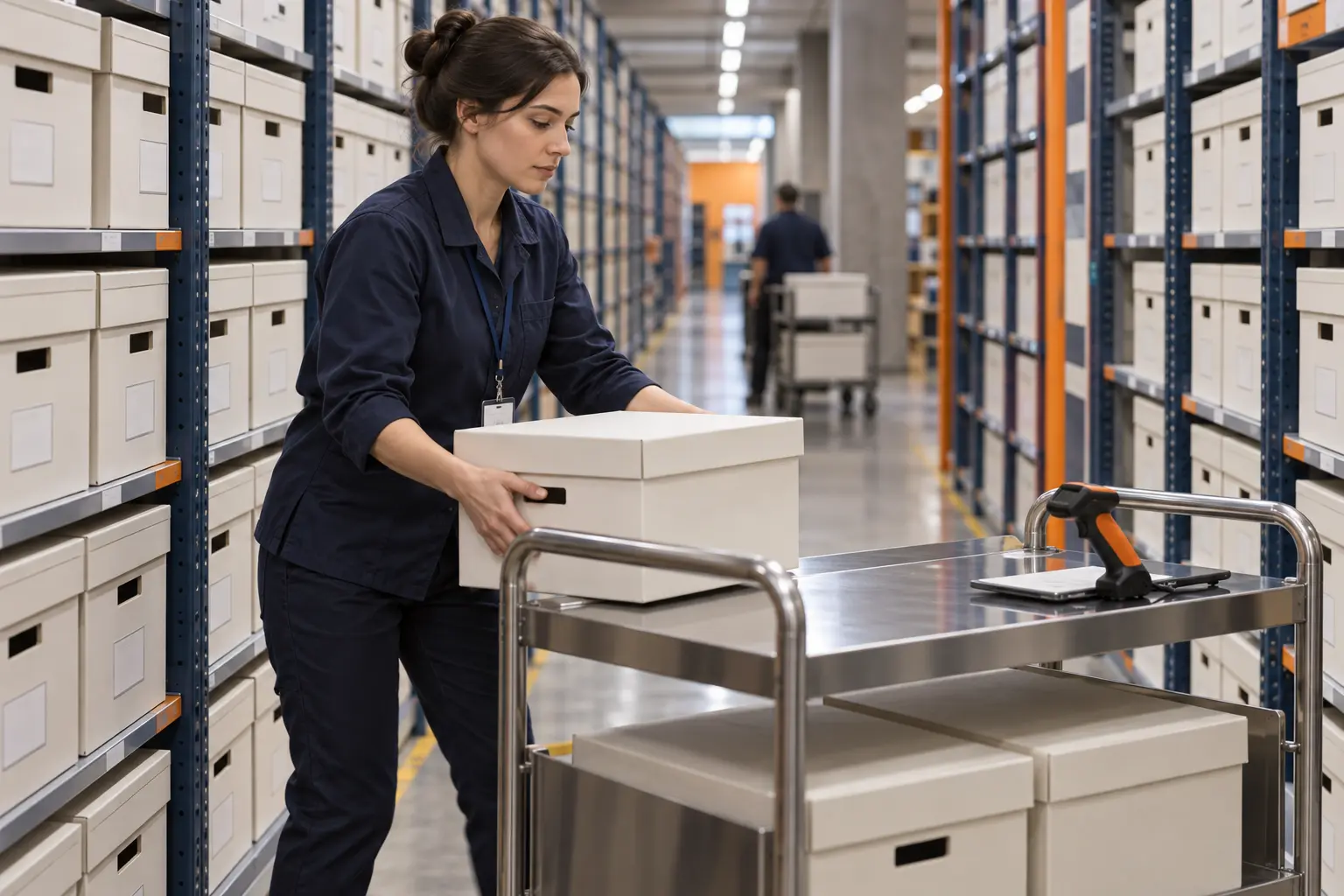 Archive specialist placing a records box on a retrieval cart inside a document storage warehouse