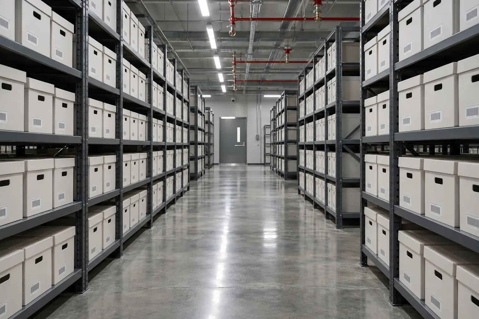 Organised document archive warehouse with uniform records boxes on steel shelving and an overhead fire suppression system