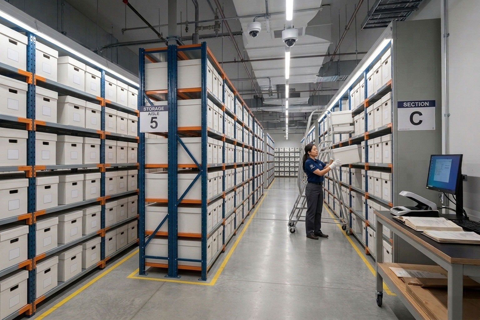 Secure records storage area with controlled access door, surveillance and high-density archive shelving