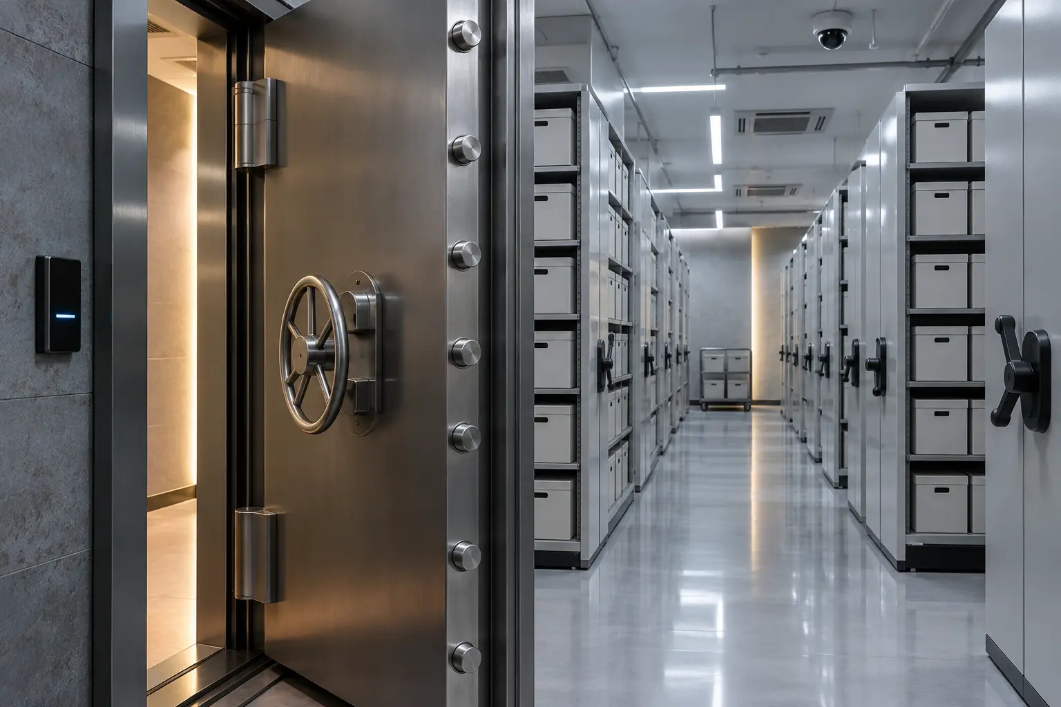 Secure records storage area with controlled access door, surveillance and high-density archive shelving